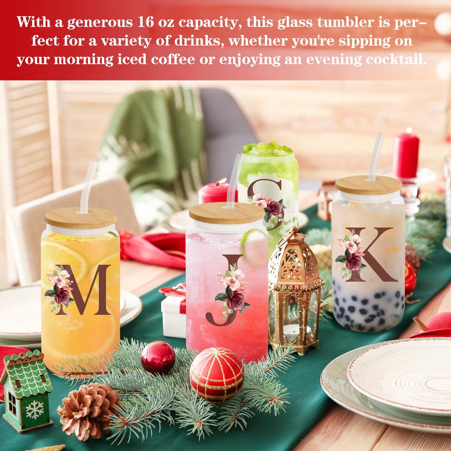 Birthday Gifts for Women, Personalized Gifts for Women, Monogrammed Initial Glass Cup - 16oz Glass Cups with Lids and Straws, Iced Coffee Cup, Beer Can Shaped Glass - Personalized Christmas Gifts J
