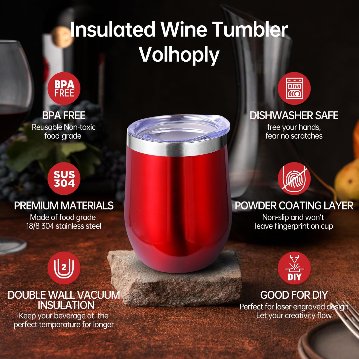 Volhoply 12oz Stainless Steel Wine Tumbler with Lid and Straw,Double Wall Vacuum Insulated Stemless Wine Glasses,Reusable Travel Coffee Mug for Cold Drinks,Small Tumblers Gifts for Women(White,1 Set)