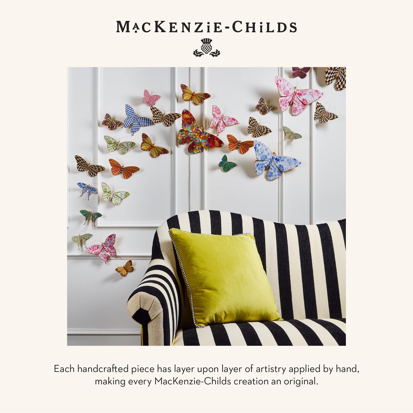 MACKENZIE-CHILDS Butterfly Duo, Hanging Butterfly Wall Decor, Black-and-White Courtly Check, Set of 2