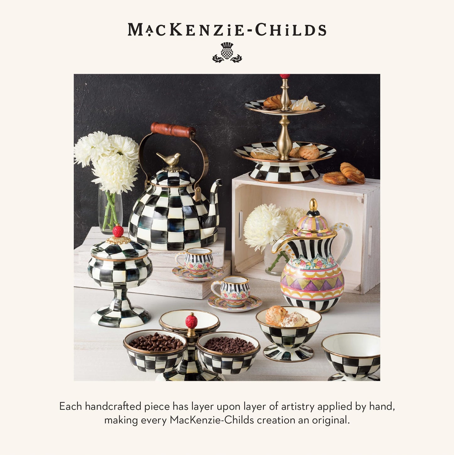 MACKENZIE-CHILDS Enamel Compote, Cute Enamel Pedestal Serving Dish or Decorative Bowl, Large, Brown-and-White Mocha Check