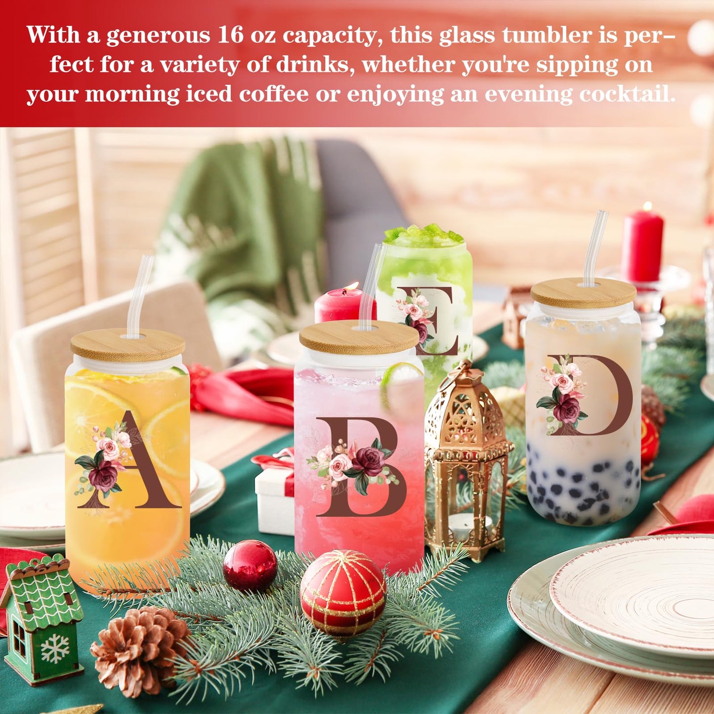 Birthday Gifts for Women, Personalized Gifts for Women, Monogrammed Initial Glass Cup - 16oz Glass Cups with Lids and Straws, Iced Coffee Cup, Beer Can Shaped Glass - Personalized Christmas Gifts J