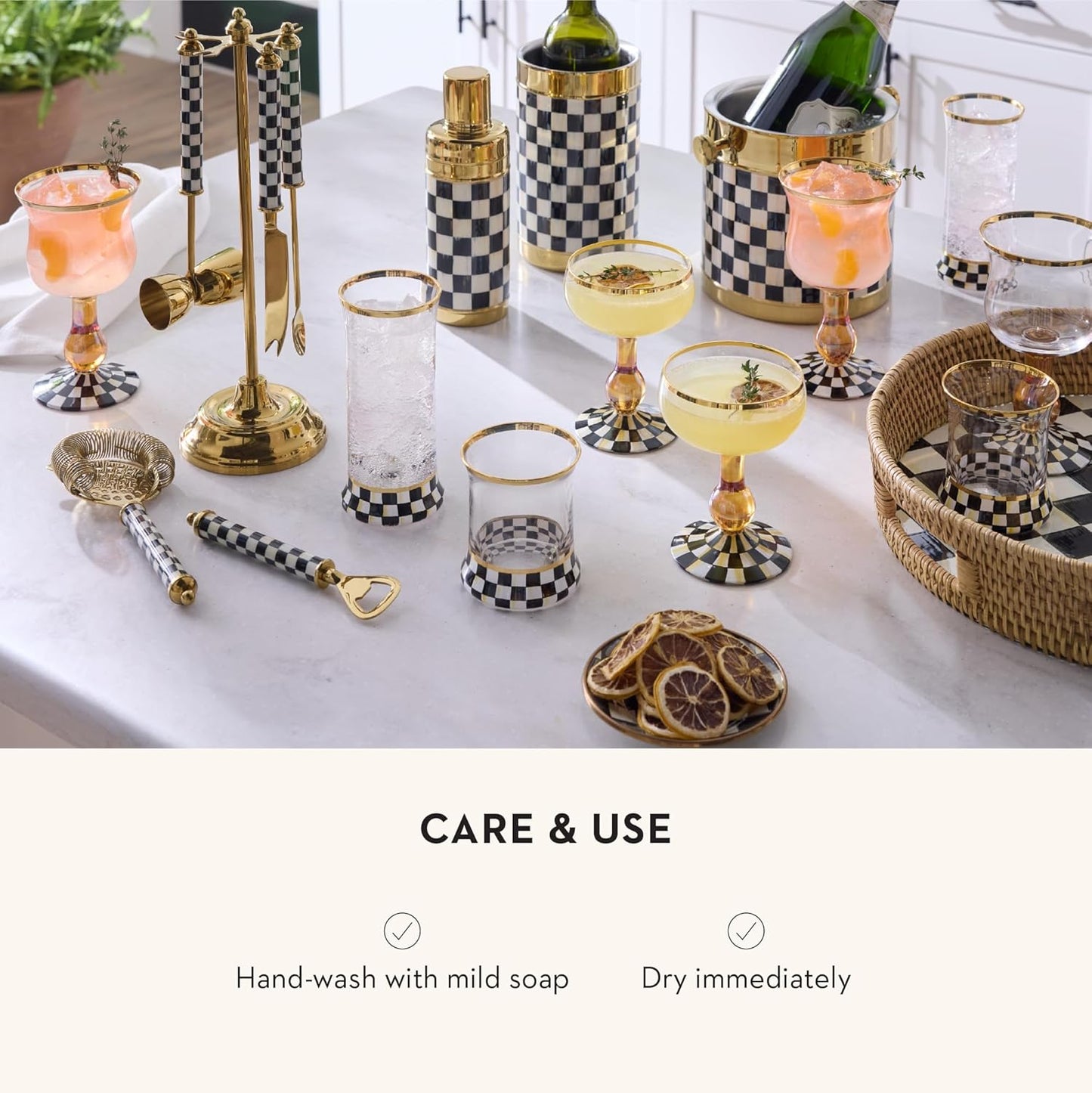 MACKENZIE-CHILDS 3260 Bar-Tool Set, 5-Piece Set with Stainless-Steel Jigger, Strainer, Bottle Opener, Mixing Spoon, Knife, and Stand, Black-and-White Courtly Check Gold
