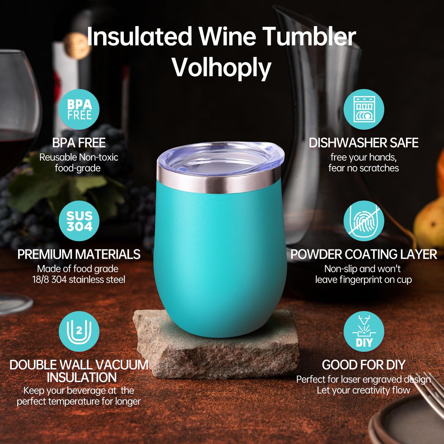 Volhoply 12oz Stainless Steel Wine Tumbler with Lid and Straw,Double Wall Vacuum Insulated Stemless Wine Glasses,Reusable Travel Coffee Mug for Cold Drinks,Small Tumblers Gifts for Women(White,1 Set)