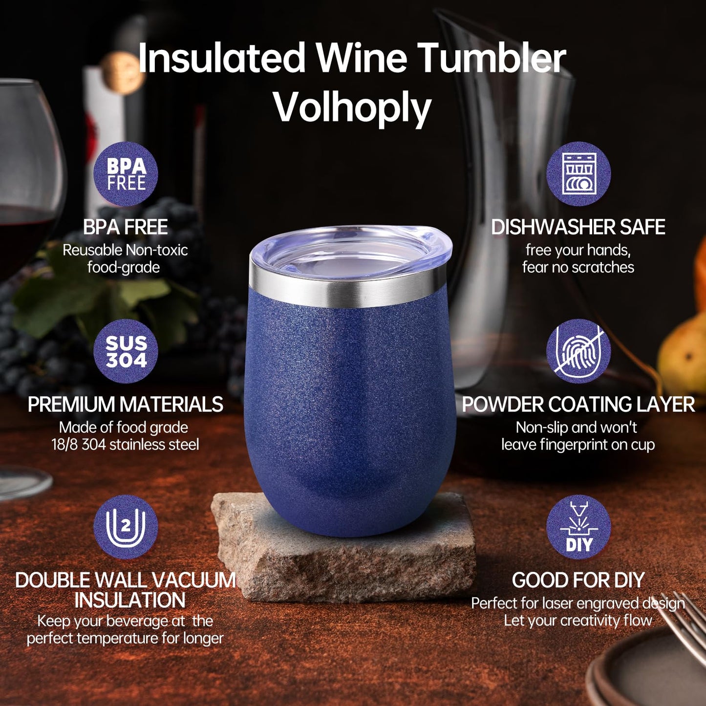 Volhoply 12oz Stainless Steel Wine Tumbler with Lid and Straw,Double Wall Vacuum Insulated Stemless Wine Glasses,Reusable Travel Coffee Mug for Cold Drinks,Small Tumblers Gifts for Women(White,1 Set)