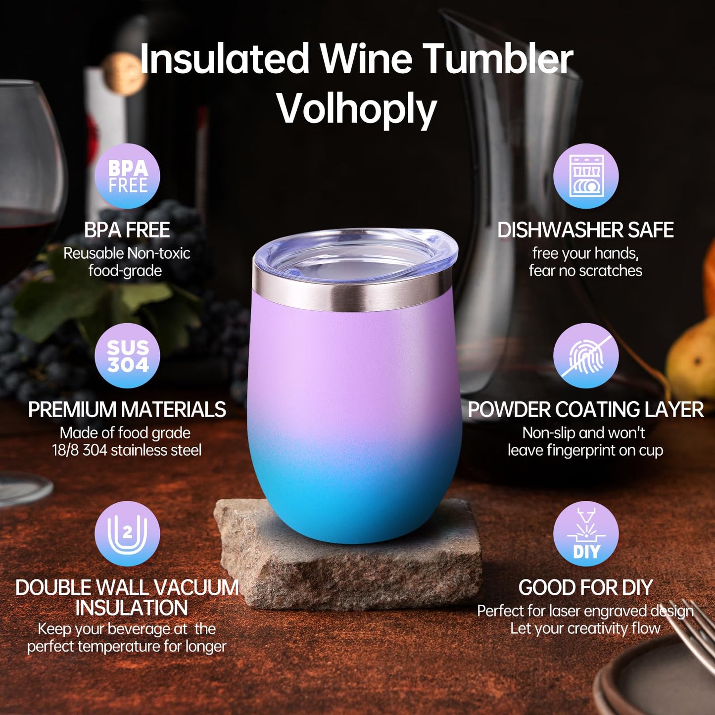 Volhoply 12oz Stainless Steel Wine Tumbler with Lid and Straw,Double Wall Vacuum Insulated Stemless Wine Glasses,Reusable Travel Coffee Mug for Cold Drinks,Small Tumblers Gifts for Women(White,1 Set)