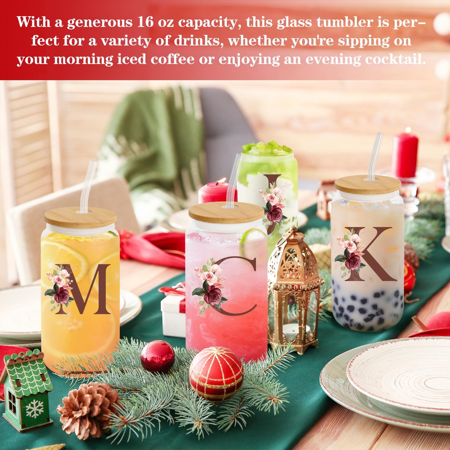 Birthday Gifts for Women, Personalized Gifts for Women, Monogrammed Initial Glass Cup - 16oz Glass Cups with Lids and Straws, Iced Coffee Cup, Beer Can Shaped Glass - Personalized Christmas Gifts J