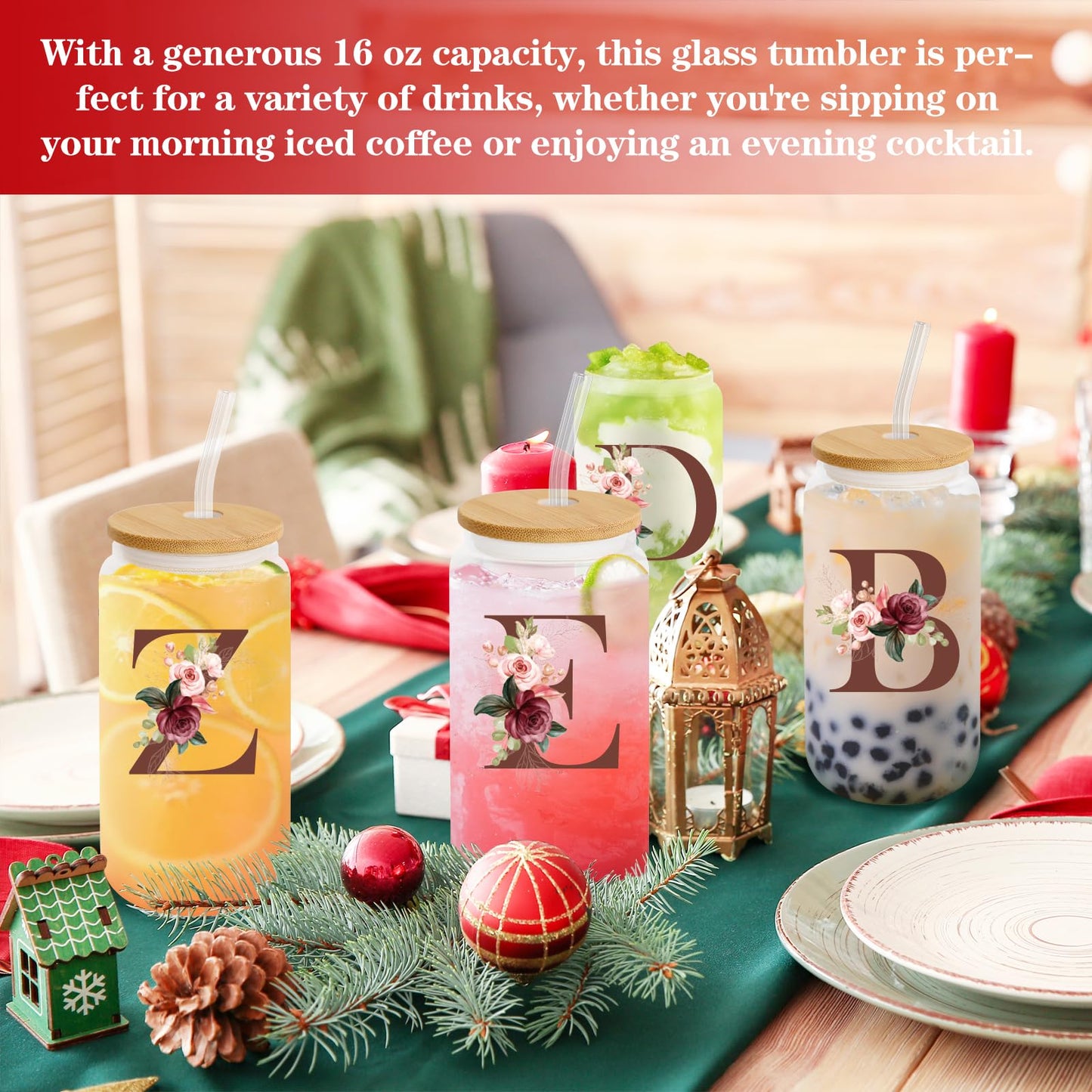 Birthday Gifts for Women, Personalized Gifts for Women, Monogrammed Initial Glass Cup - 16oz Glass Cups with Lids and Straws, Iced Coffee Cup, Beer Can Shaped Glass - Personalized Christmas Gifts J