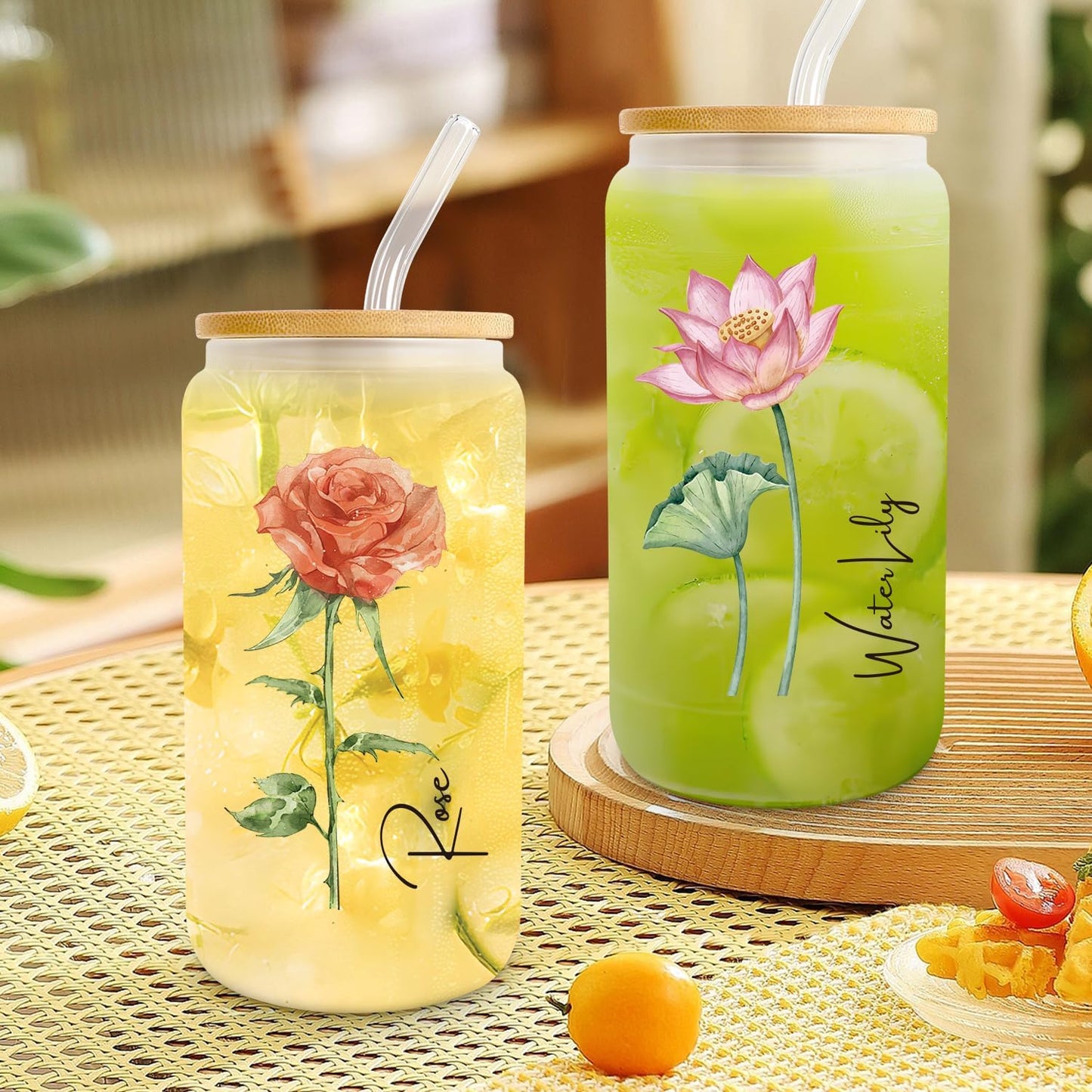 Birth Flower Glass Cup with Lid and Straw - Birthday Gifts for Women - August Birthday Gifts Ideas for Her Girlfriend Friends Wife Mom Daughter Sister - 18 Oz Frosted Glass Flower Cup (August.Rose)