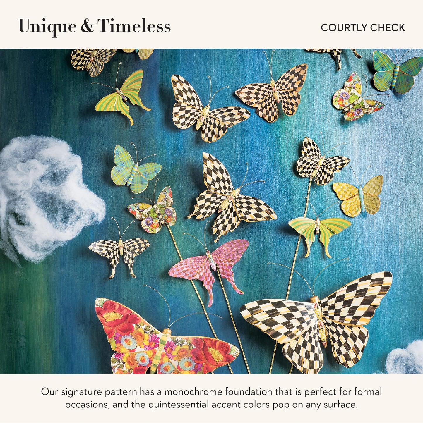 MACKENZIE-CHILDS Butterfly Duo, Hanging Butterfly Wall Decor, Black-and-White Courtly Check, Set of 2