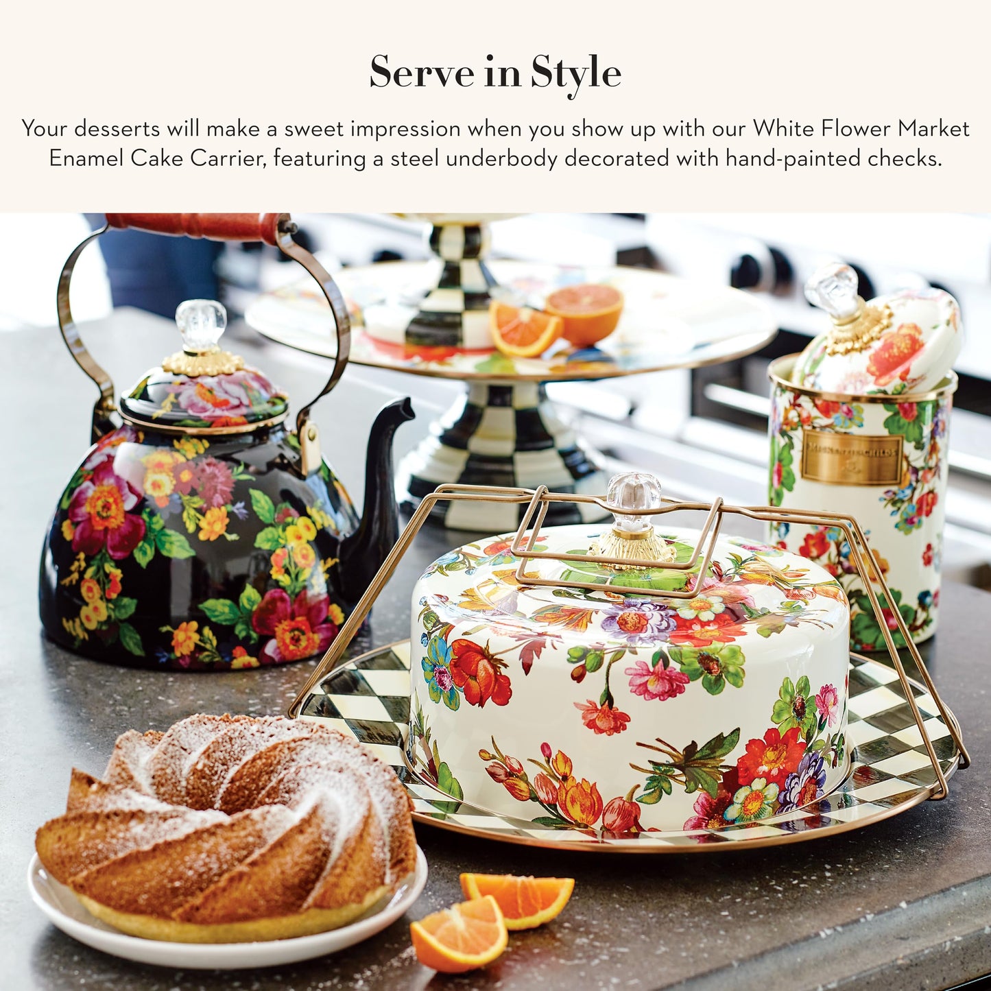 MACKENZIE-CHILDS Cake Carrier, Cake-Dish Serving Platter with Lid and Handles, White Flower Market with Black-and-White Courtly Check