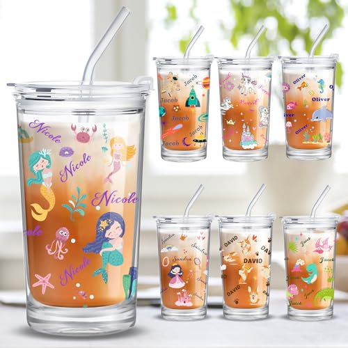 Personalized Glass Cup with Names Custom Water Tumbler Customized Coffee Drink Cup with Lid and Straw Customizable Birthdays Holidays Gifts for Kids Girls Boys 16OZ