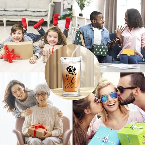 Personalized Glass Cup with Names Custom Water Tumbler Customized Coffee Drink Cup with Lid and Straw Customizable Birthdays Holidays Gifts for Kids Girls Boys 16OZ