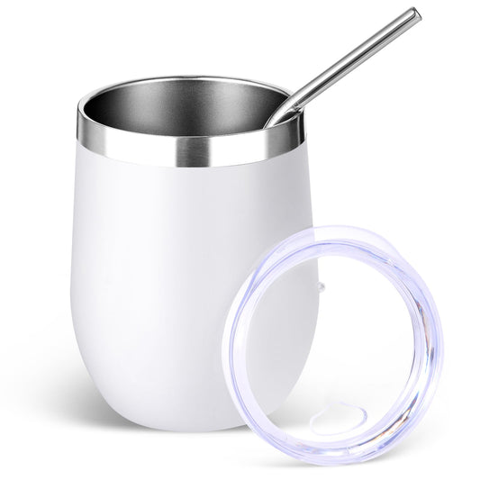 Volhoply 12oz Stainless Steel Wine Tumbler with Lid and Straw,Double Wall Vacuum Insulated Stemless Wine Glasses,Reusable Travel Coffee Mug for Cold Drinks,Small Tumblers Gifts for Women（White,1 Set）