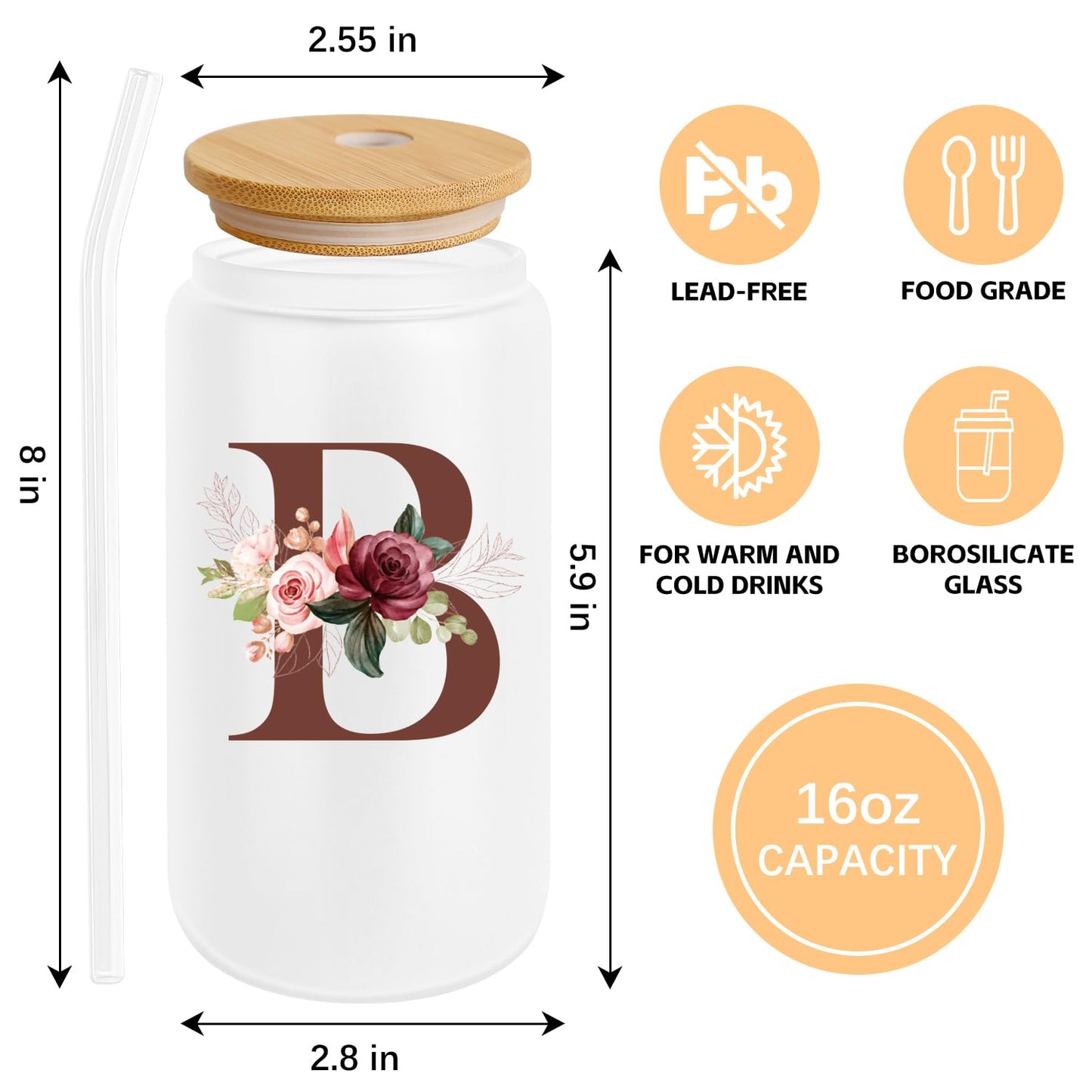 Birthday Gifts for Women, Personalized Gifts for Women, Monogrammed Initial Glass Cup - 16oz Glass Cups with Lids and Straws, Iced Coffee Cup, Beer Can Shaped Glass - Personalized Christmas Gifts J