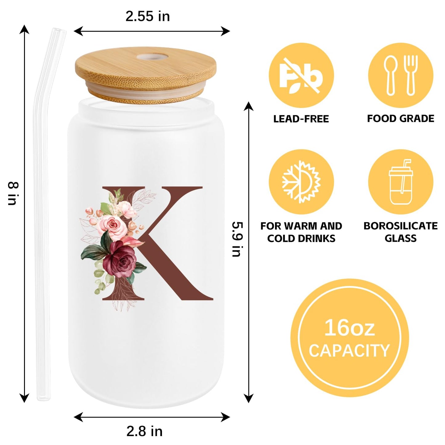 Birthday Gifts for Women, Personalized Gifts for Women, Monogrammed Initial Glass Cup - 16oz Glass Cups with Lids and Straws, Iced Coffee Cup, Beer Can Shaped Glass - Personalized Christmas Gifts J