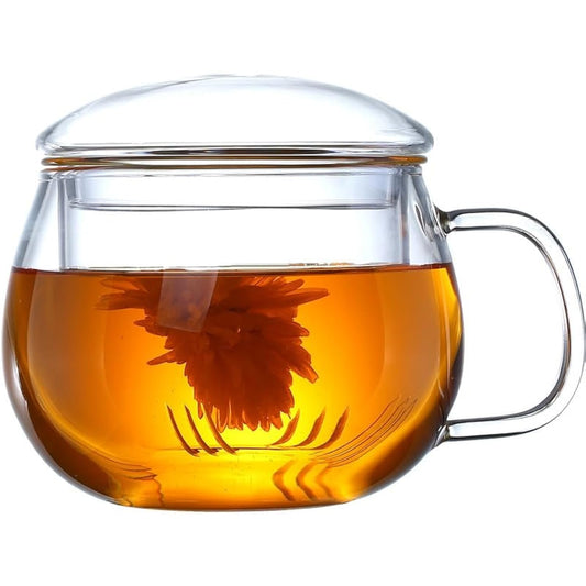 14oz Tea cup with steeper and lid, heat-resistant borosilicate glass clear tea cup for loose leaf tea, blooming tea and tea bags - ideal for tea lovers (1PCS)