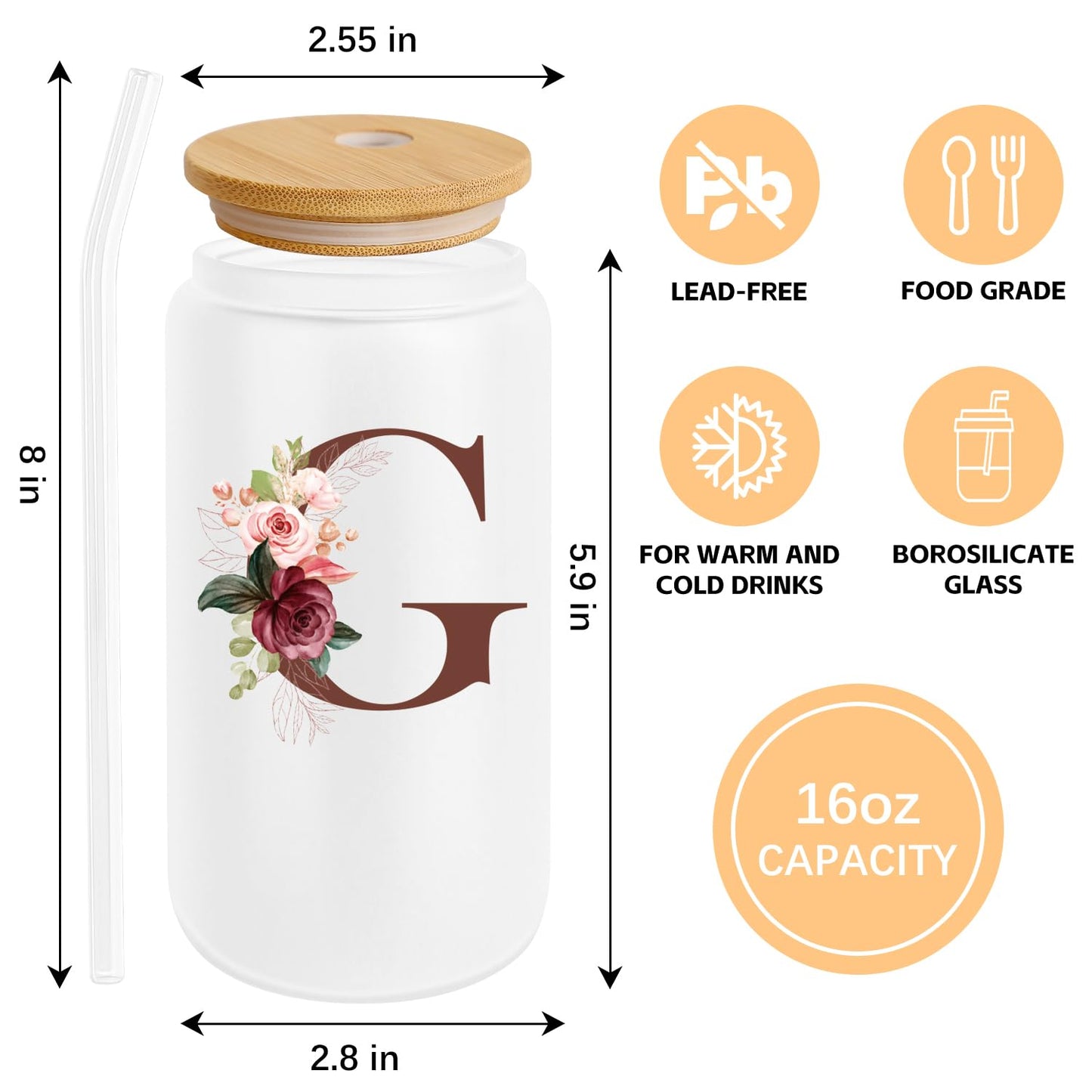 Birthday Gifts for Women, Personalized Gifts for Women, Monogrammed Initial Glass Cup - 16oz Glass Cups with Lids and Straws, Iced Coffee Cup, Beer Can Shaped Glass - Personalized Christmas Gifts J