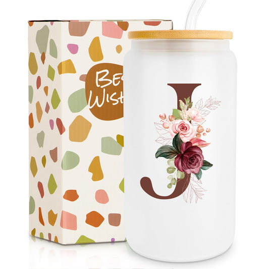 Birthday Gifts for Women, Personalized Gifts for Women, Monogrammed Initial Glass Cup - 16oz Glass Cups with Lids and Straws, Iced Coffee Cup, Beer Can Shaped Glass - Personalized Christmas Gifts J