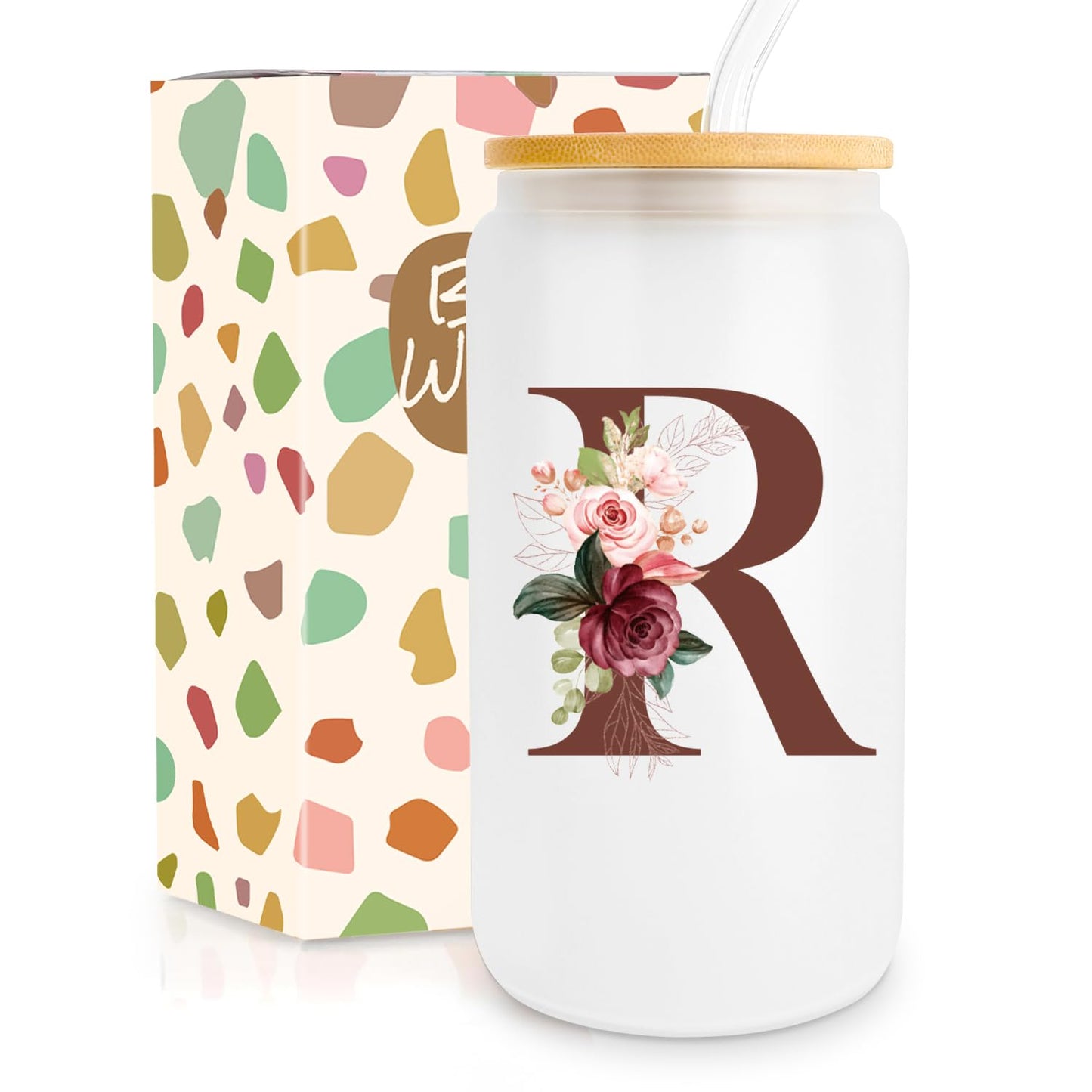 Birthday Gifts for Women, Personalized Gifts for Women, Monogrammed Initial Glass Cup - 16oz Glass Cups with Lids and Straws, Iced Coffee Cup, Beer Can Shaped Glass - Personalized Christmas Gifts J
