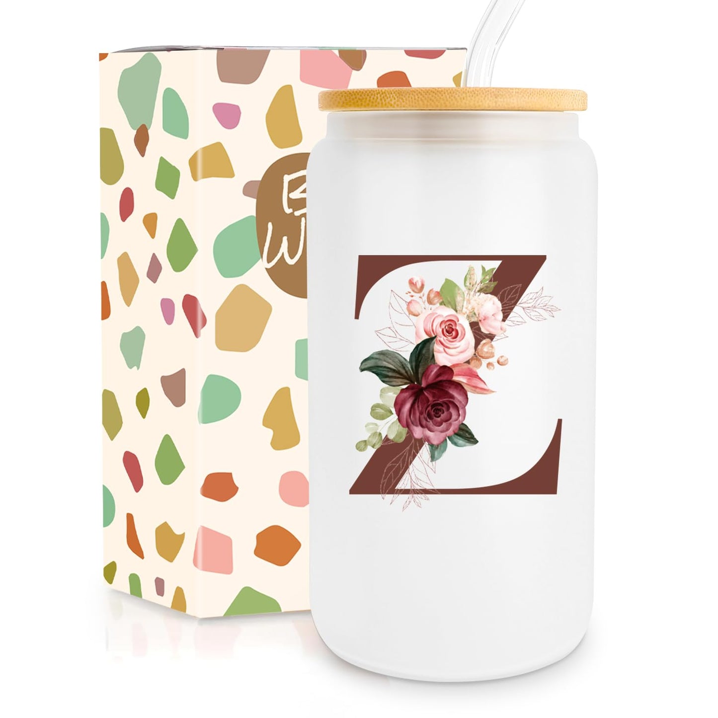Birthday Gifts for Women, Personalized Gifts for Women, Monogrammed Initial Glass Cup - 16oz Glass Cups with Lids and Straws, Iced Coffee Cup, Beer Can Shaped Glass - Personalized Christmas Gifts J