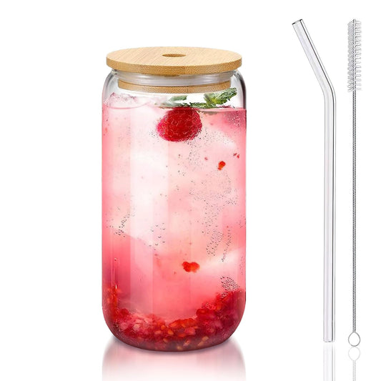 Glass Cups with Lids and Straws 1Pack,Glass Coffee Cups,Glass Cup with Lid for Iced Coffee,Smoothie,Cocktail,Beer,Whiskey,Soda,Matcha,16 Oz Glass Cup with Bamboo Lid,1 Brush