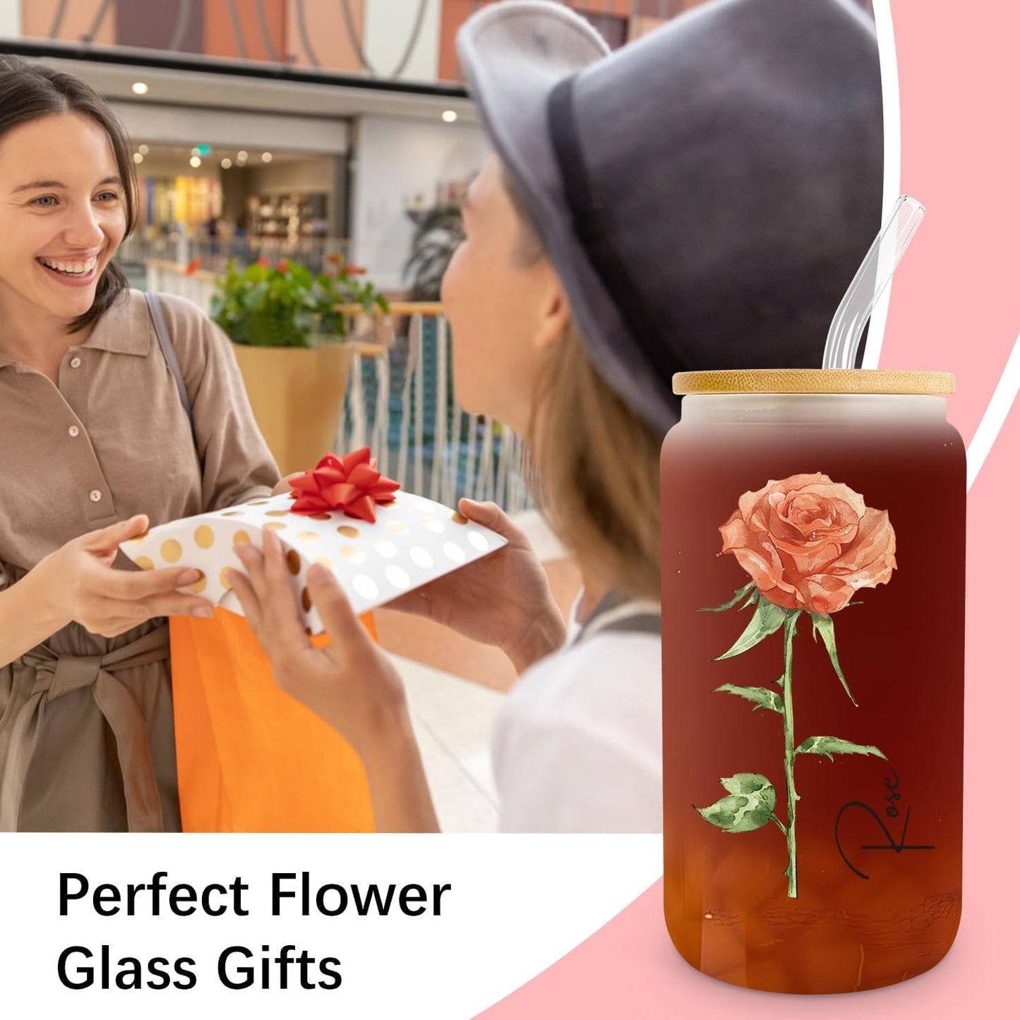 Birth Flower Glass Cup with Lid and Straw - Birthday Gifts for Women - August Birthday Gifts Ideas for Her Girlfriend Friends Wife Mom Daughter Sister - 18 Oz Frosted Glass Flower Cup (August.Rose)