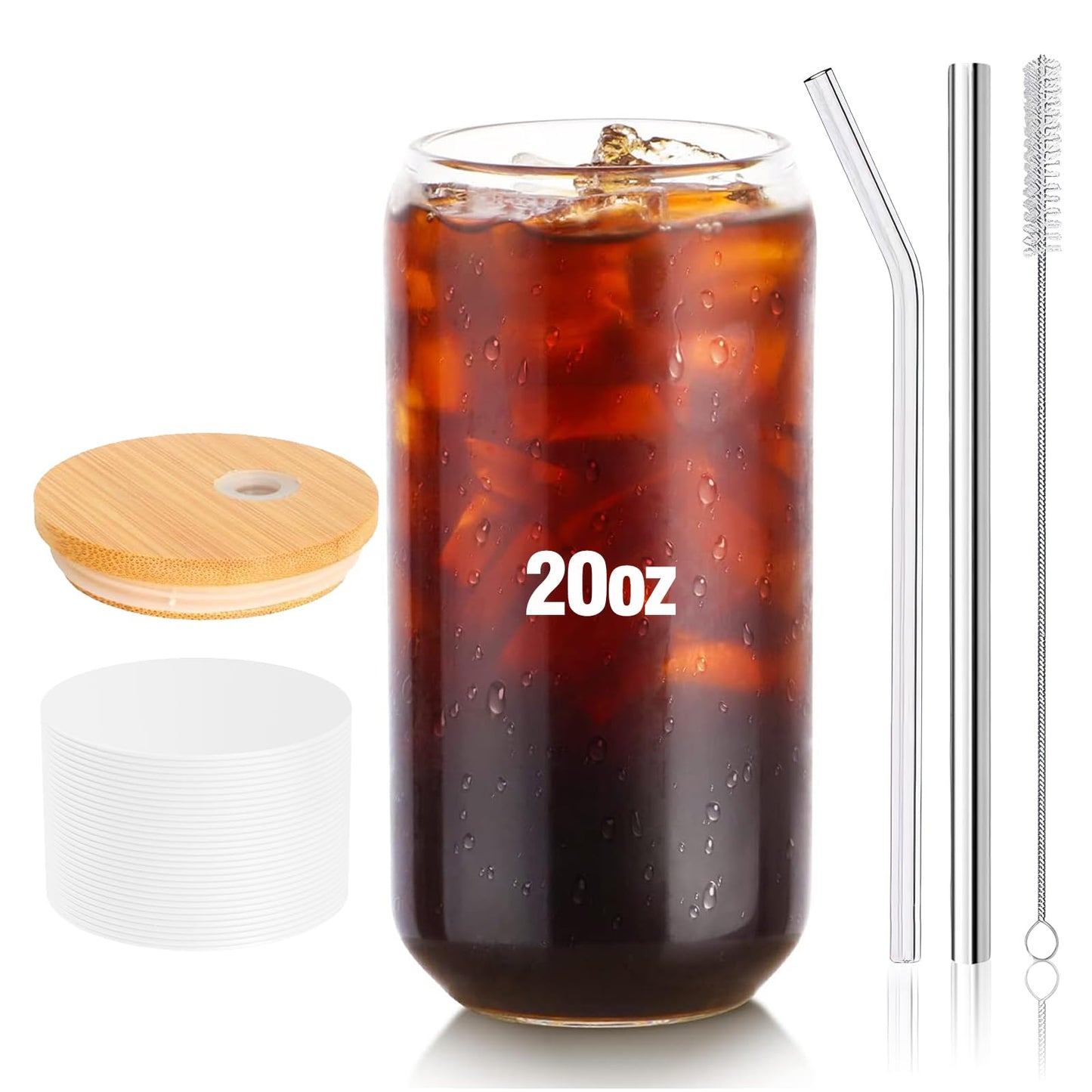 Glass Cups with Lids and Straws 1Pack,Glass Coffee Cups,Glass Cup with Lid for Iced Coffee,Smoothie,Cocktail,Beer,Whiskey,Soda,Matcha,16 Oz Glass Cup with Bamboo Lid,1 Brush
