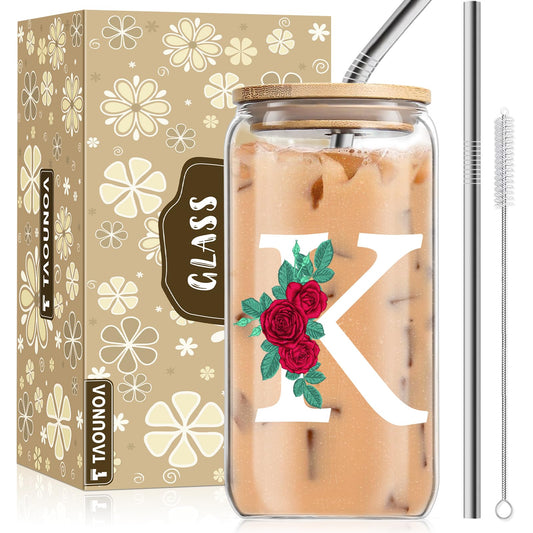 Initial Glass Cup, Birthday Gifts for Women, Color Changing 16 oz Glass Cups w/Lids Straws, Iced Coffee, Smoothie, Beer Glass Tumbler - Personalized Gifts Monogrammed Gifts for Her Mom, K