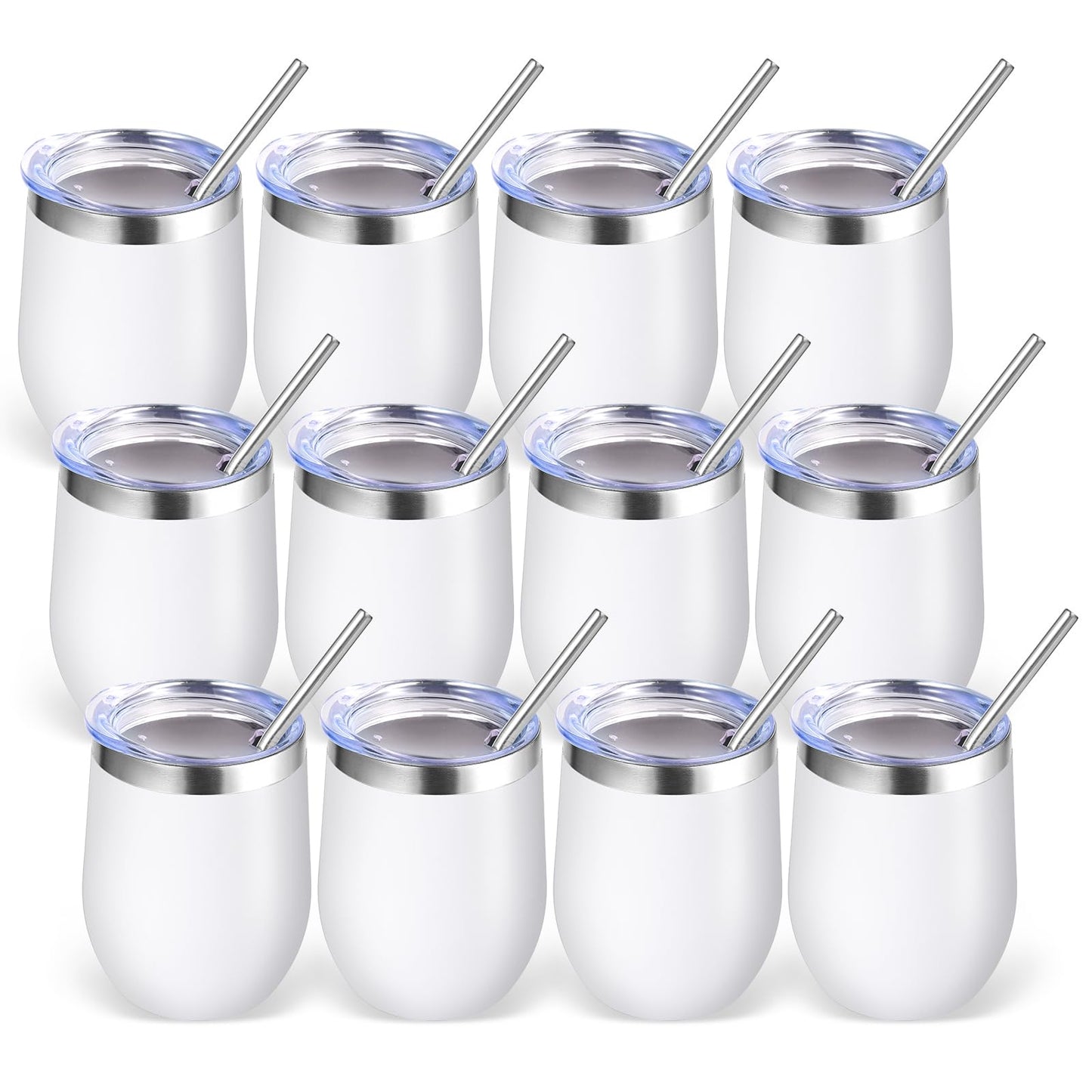 Volhoply 12oz Stainless Steel Wine Tumbler with Lid and Straw,Double Wall Vacuum Insulated Stemless Wine Glasses,Reusable Travel Coffee Mug for Cold Drinks,Small Tumblers Gifts for Women（White,1 Set）