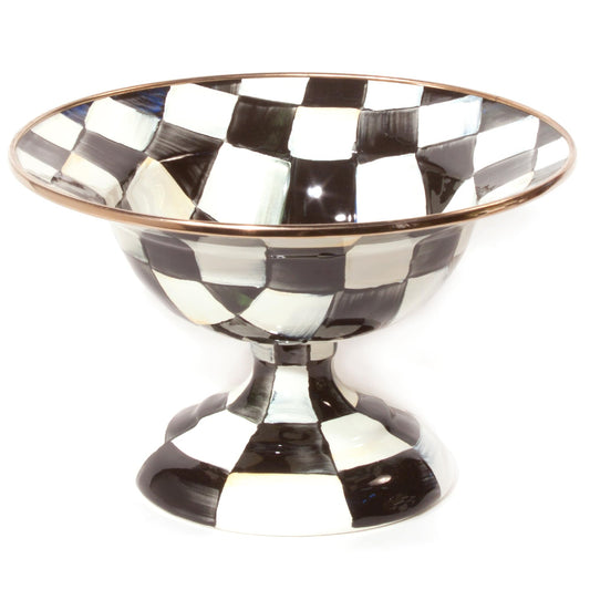 MACKENZIE-CHILDS Enamel Compote, Cute Enamel Pedestal Serving Dish or Decorative Bowl, Large, Brown-and-White Mocha Check