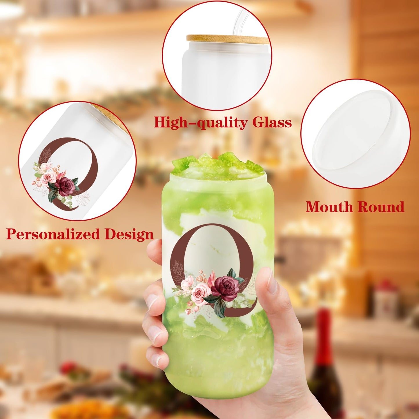 Birthday Gifts for Women, Personalized Gifts for Women, Monogrammed Initial Glass Cup - 16oz Glass Cups with Lids and Straws, Iced Coffee Cup, Beer Can Shaped Glass - Personalized Christmas Gifts J