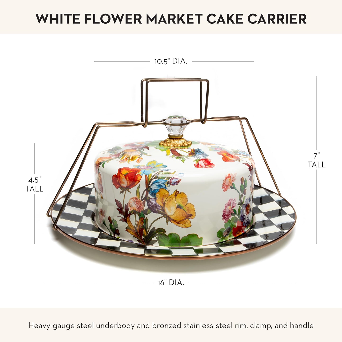 MACKENZIE-CHILDS Cake Carrier, Cake-Dish Serving Platter with Lid and Handles, White Flower Market with Black-and-White Courtly Check
