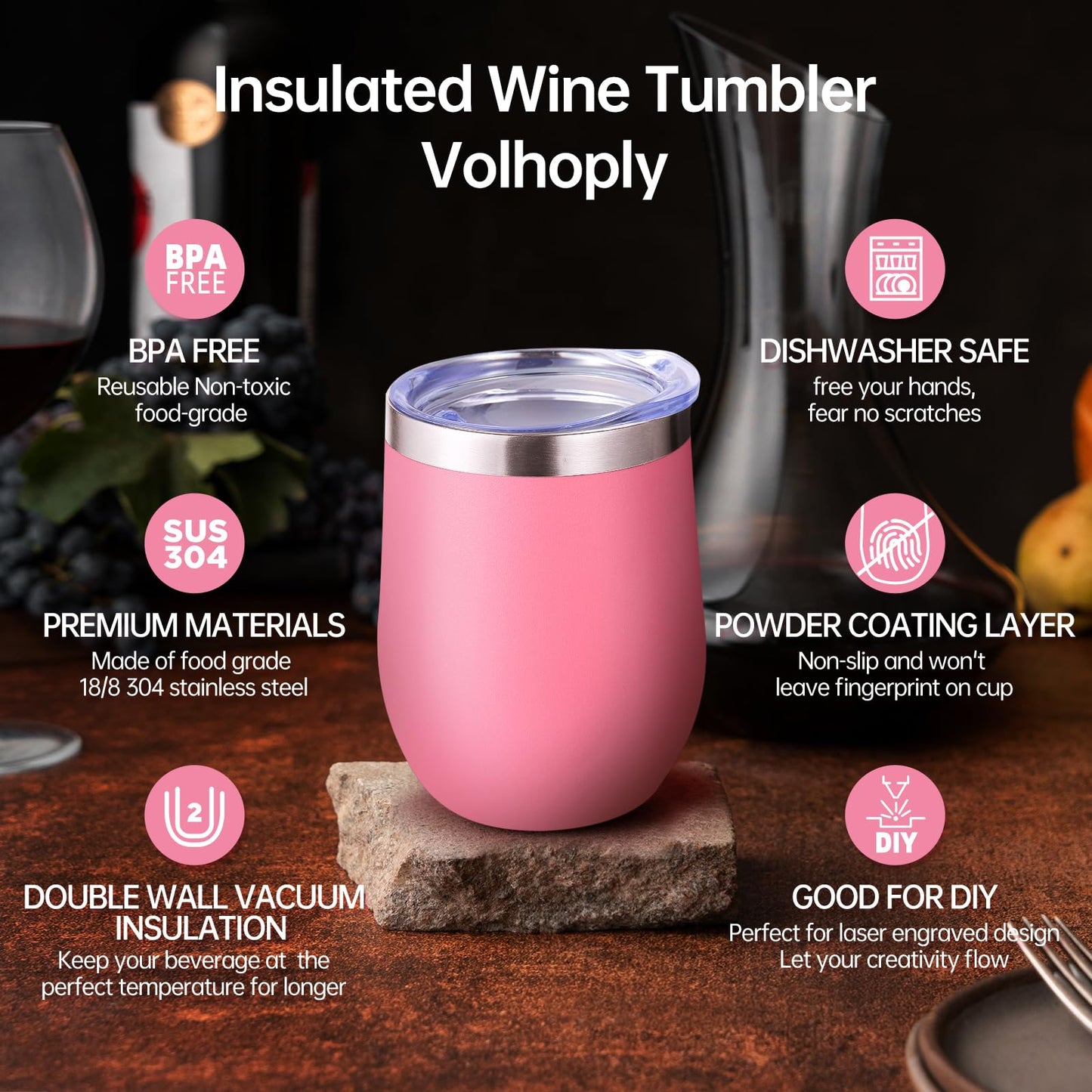 Volhoply 12oz Stainless Steel Wine Tumbler with Lid and Straw,Double Wall Vacuum Insulated Stemless Wine Glasses,Reusable Travel Coffee Mug for Cold Drinks,Small Tumblers Gifts for Women（White,1 Set）