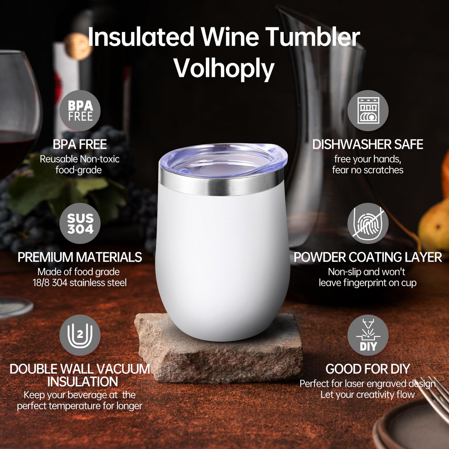 Volhoply 12oz Stainless Steel Wine Tumbler with Lid and Straw,Double Wall Vacuum Insulated Stemless Wine Glasses,Reusable Travel Coffee Mug for Cold Drinks,Small Tumblers Gifts for Women（White,1 Set）